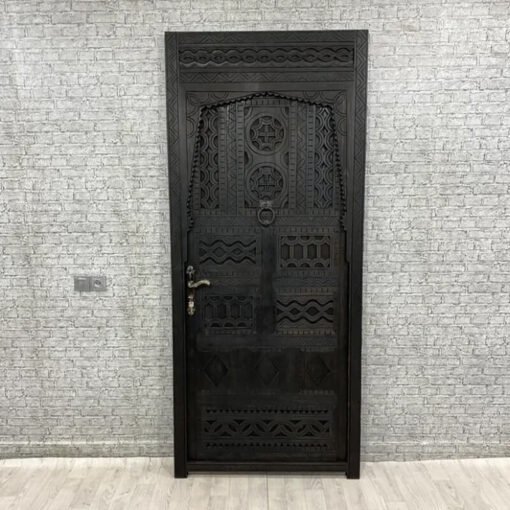 Handmade Carved Indian Style Solid Hard Wood Moroccan Custom Single Sliding Barn Door Dark Brown 100x220Cm
