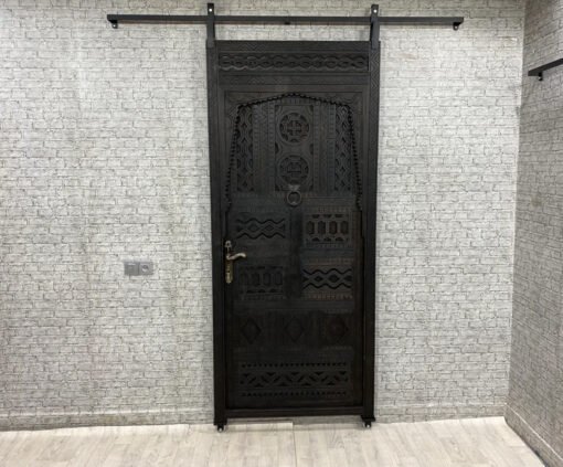 Handmade Carved Indian Style Solid Hard Wood Moroccan Custom Single Sliding Barn Door Dark Brown 100x220Cm - Image 5