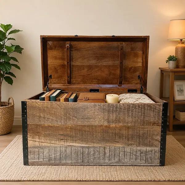 Handcarved Indian Furniture Handmade Solid Wood Storage Box Carved Natural 85x45x48Cm - Image 3