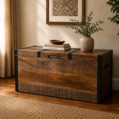Handcarved Indian Furniture Handmade Solid Wood Storage Box Carved Natural 85x45x48Cm