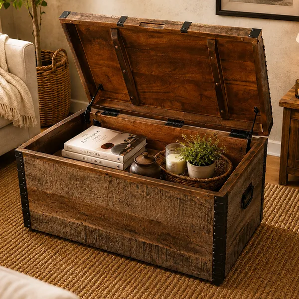Handcarved Indian Furniture Handmade Solid Wood Storage Box Carved Natural 85x45x48Cm - Image 5