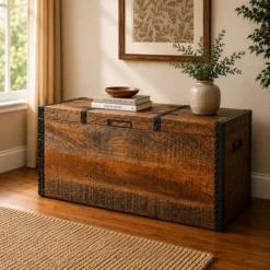 Handcarved Indian Furniture Handmade Solid Wood Storage Box Carved Natural 85x45x48Cm