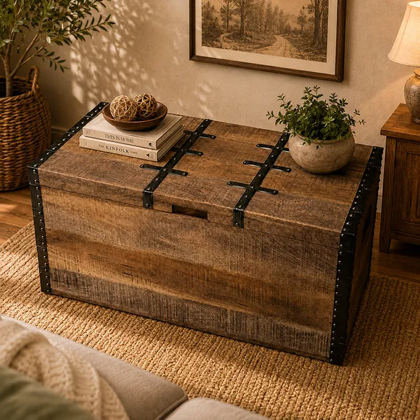 Handcarved Indian Furniture Handmade Solid Wood Storage Box Carved Natural 85x45x48Cm - Image 2