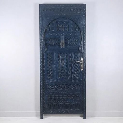Handmade Carved Indian Style Solid Hard Wood Moroccan Custom Single Panel Door Dark Blue 86x220Cm