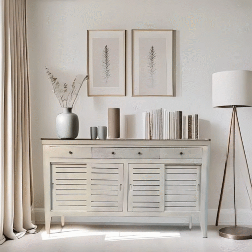 Handcrafted Carved Indian Furniture Handmade Solid Wood White Sideboard 183x40x90Cm