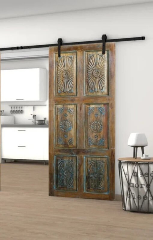 Vintage Barn Door Rustic Blue Hues Barndoor Panel Sunburst Carved Doors Sliding Barn Door Unique Eclectic 210x100cm