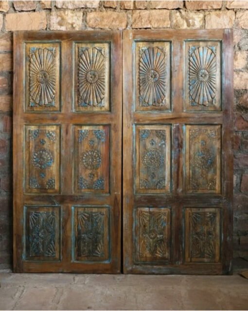 Vintage Barn Door Rustic Blue Hues Barndoor Panel Sunburst Carved Doors Sliding Barn Door Unique Eclectic 210x100cm - Image 3