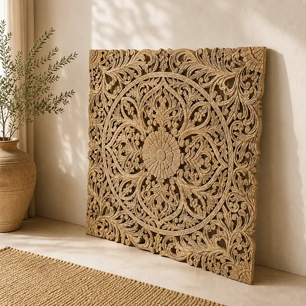 Handcrafted Floral Handcarved Indian Solid Wood Bed Panel Mandala Carvings Natural155x5x155Cm - Image 2