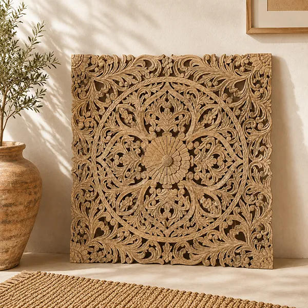 Handcrafted Floral Handcarved Indian Solid Wood Bed Panel Mandala Carvings Natural155x5x155Cm - Image 3