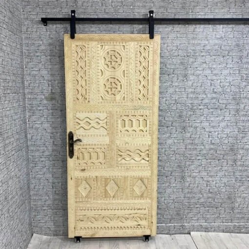 Handmade Carved Indian Style Solid Hard Wood Moroccan Custom Single Sliding Barn Door Beige 100x220Cm