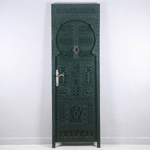 Handmade Carved Indian Style Solid Hard Wood Moroccan Custom Single Panel Door Dark Green 86x220Cm