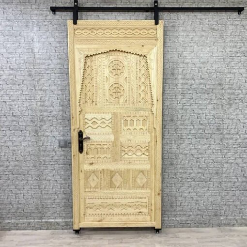 Handmade Carved Indian Style Solid Hard Wood Moroccan Custom Single Sliding Barn Door Natural 100x220Cm