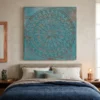 Handmade Handcarved Indian Furniture Solid Wood Wall Panel Mandala Carvings Rustic Blue 105x5x105Cm