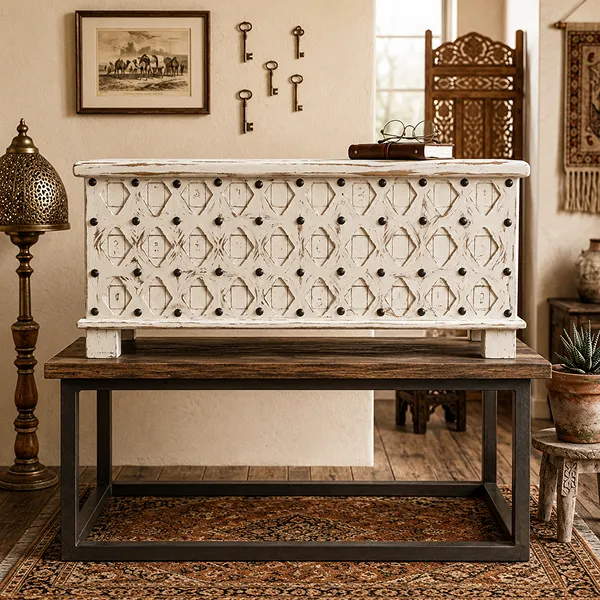 Handcrafted Solid Wood White Blanket Box with Carved Diamond Design 110x40x45Cm - Image 3