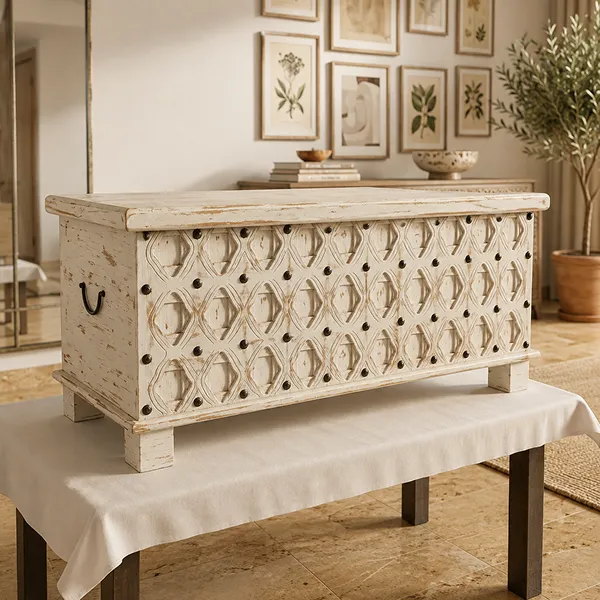 Handcrafted Solid Wood White Blanket Box with Carved Diamond Design 110x40x45Cm - Image 4