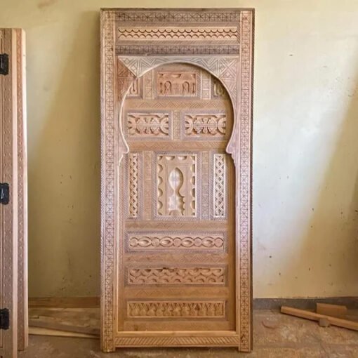 Handmade Carved Indian Style Solid Hard Wood Moroccan Custom Single Door Natural 100x220Cm