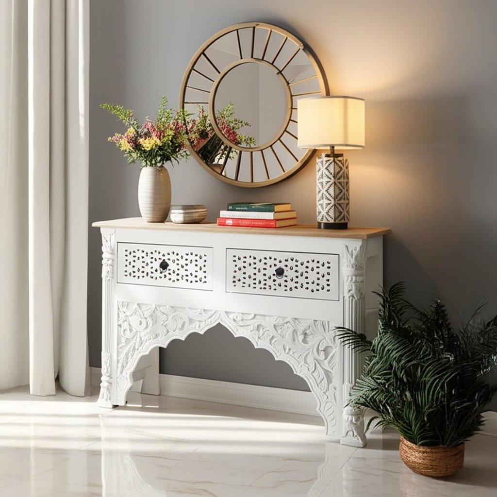 Hand Carved Console Table White with Drawers 120x40x80