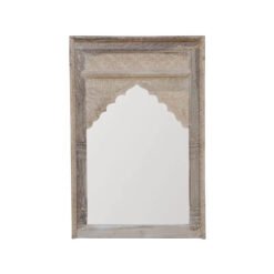 Mehrab Indian Hand Carved Mirror Arched Globe Wooden Wall Decor 80x120cm Bleach