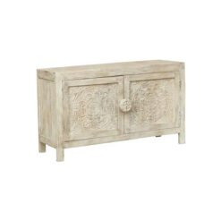Handcrafted Carved Indian Furniture Handmade Solid Wood White Cabinet 120x40x70Cm