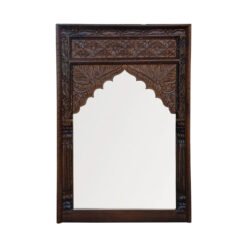 Mehrab Indian Hand Carved Mirror Arched Globe Wooden Wall Decor 80x120cm Brown