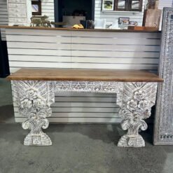 Floral Console Table Rustic White with Natural Top 150x40x90