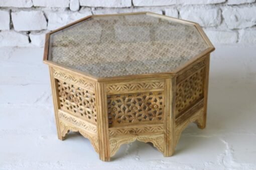 BROWN WOODEN COFFEE TABLE  ON GLASS TOP 90x90x50cm