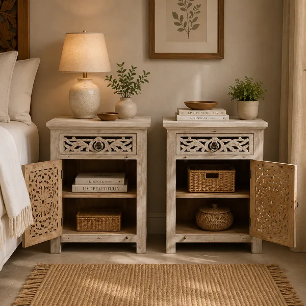 Eternal Bedside Table | Solid Mango Wood (55x35x72cm) Bleach Finish - Image 4