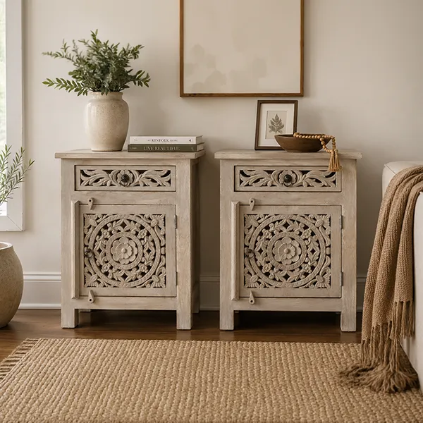 Eternal Bedside Table | Solid Mango Wood (55x35x72cm) Bleach Finish - Image 3