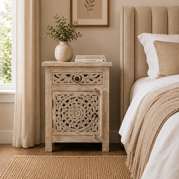 Eternal Bedside Table | Solid Mango Wood (55x35x72cm) Bleach Finish