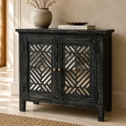 Handcrafted Carved Indian Furniture Handmade Solid Wood Cabinet Natural with Mirror Door 81x30x99Cm