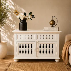 Traditional Wooden Storage Cabinet with Lattice Jaali Doors and Dual Drawers 92x40x76cm