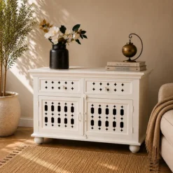 Alternative view of Traditional Wooden Storage Cabinet with Lattice Jaali Doors and Dual Drawers 92x40x76cm